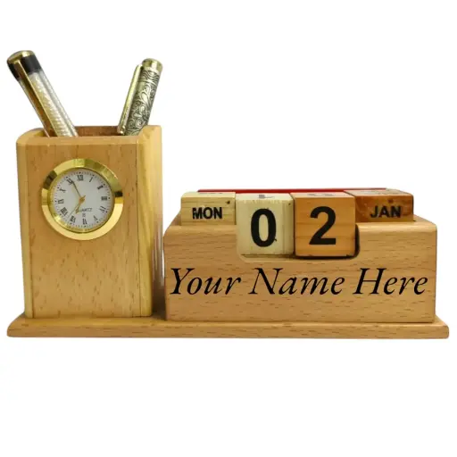 Naturexpress Personalized Wooden Desk Organizer with Clock & Calendar| Custom Engraved Name or Logo| Office Table Organizer |Unique Gift for Men, Women, Kids| Executive Desk Decor & Birthday Gifting