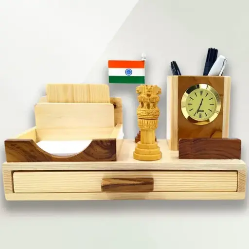 Naturexpress Personalized All In One Wooden Desk Organizer with Clock, Pen Stand, Tea Coaster, Mini Notes & Drawer | Engraved Names | Unique Gifts